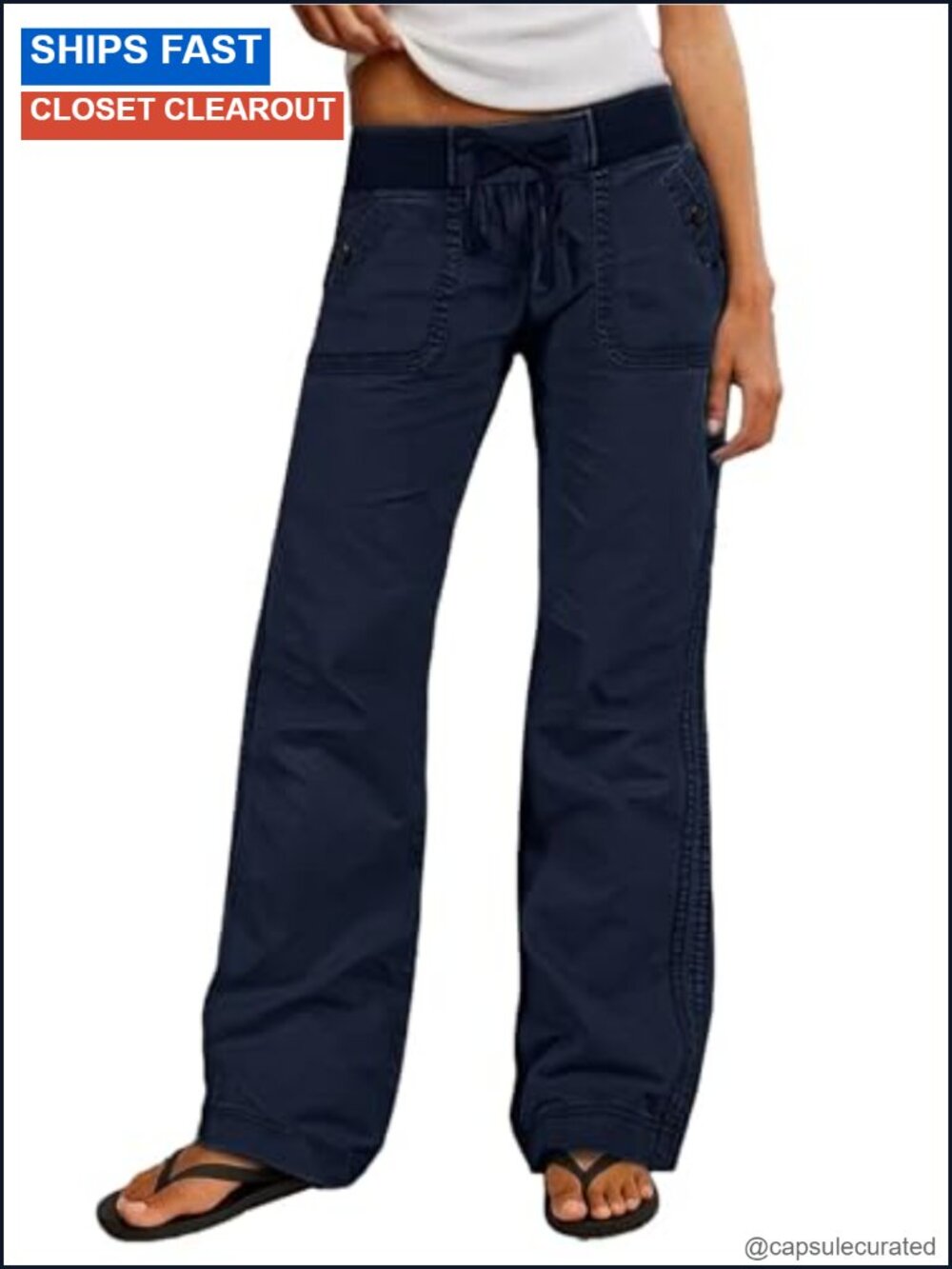 Flamingals Straight Leg Drawstring Pants Mid Rise Cotton Women